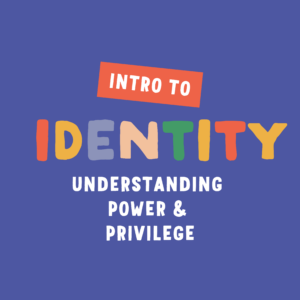 Blue background with multi-colored text that says Intro to Identity: Understanding Power & Privilege